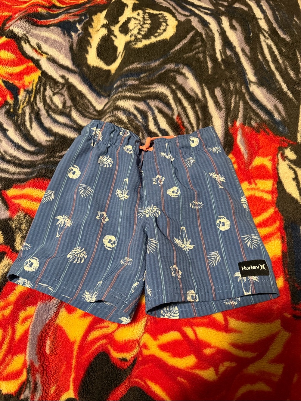 Hurley Blue Striped Palm & Skull Print Kids Shorts